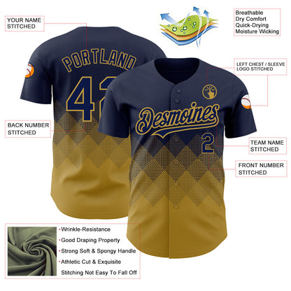 Custom Navy Old Gold 3D Pattern Design Gradient Square Shapes Authentic Baseball Jersey - Sky-Custom