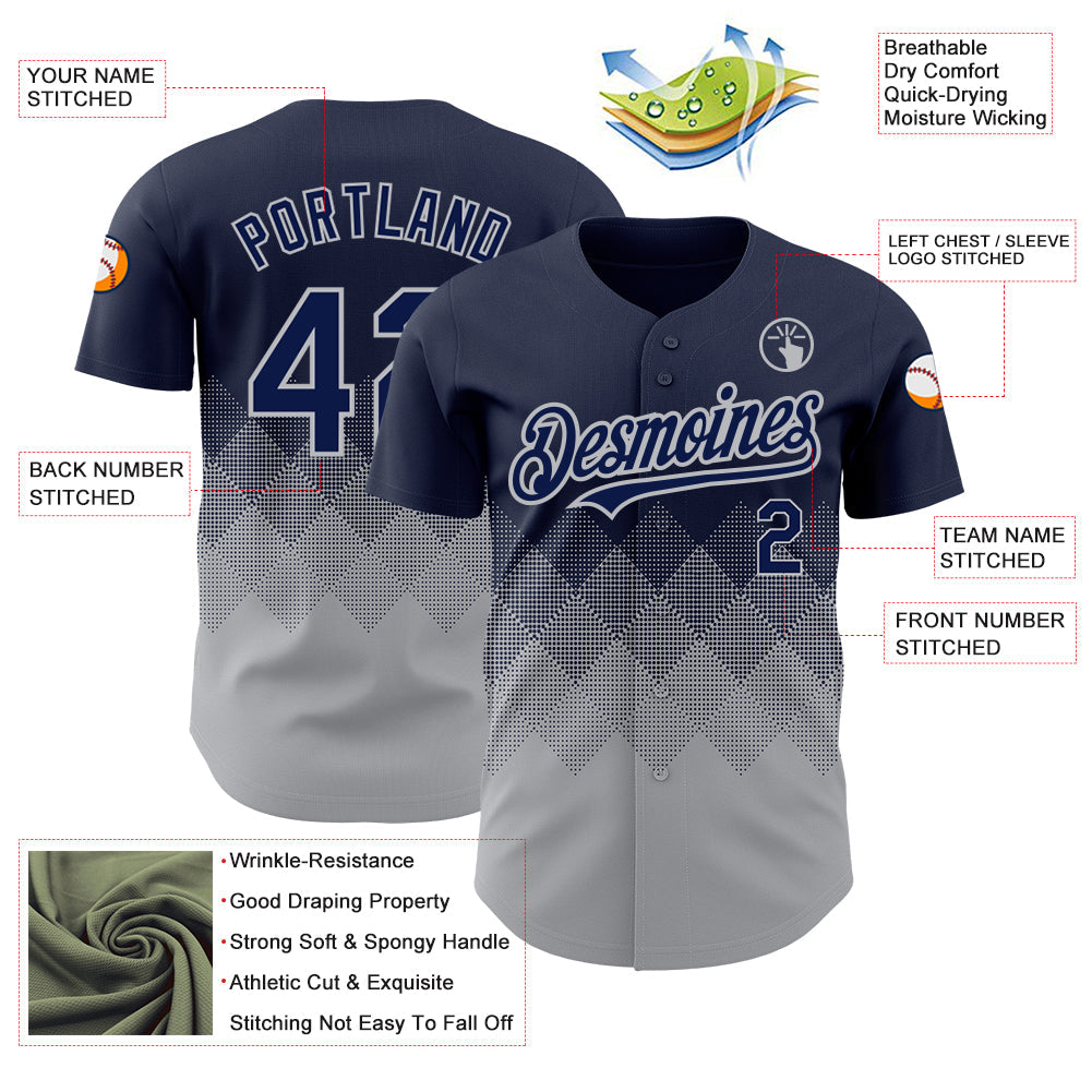 Custom Navy Gray 3D Pattern Design Gradient Square Shapes Authentic Baseball Jersey - Sky-Custom