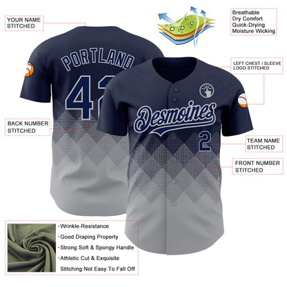 Custom Navy Gray 3D Pattern Design Gradient Square Shapes Authentic Baseball Jersey - Sky-Custom