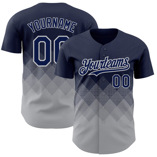 Custom Navy Gray 3D Pattern Design Gradient Square Shapes Authentic Baseball Jersey - Sky-Custom