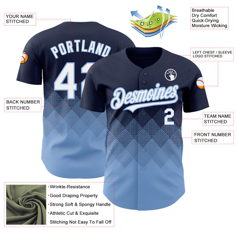 Custom Navy White-Light Blue 3D Pattern Design Gradient Square Shapes Authentic Baseball Jersey - Sky-Custom