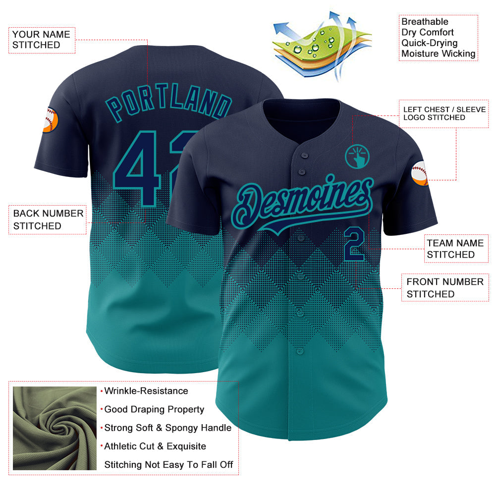 Custom Navy Teal 3D Pattern Design Gradient Square Shapes Authentic Baseball Jersey - Sky-Custom