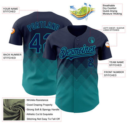 Custom Navy Teal 3D Pattern Design Gradient Square Shapes Authentic Baseball Jersey - Sky-Custom
