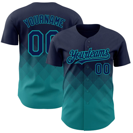 Custom Navy Teal 3D Pattern Design Gradient Square Shapes Authentic Baseball Jersey - Sky-Custom