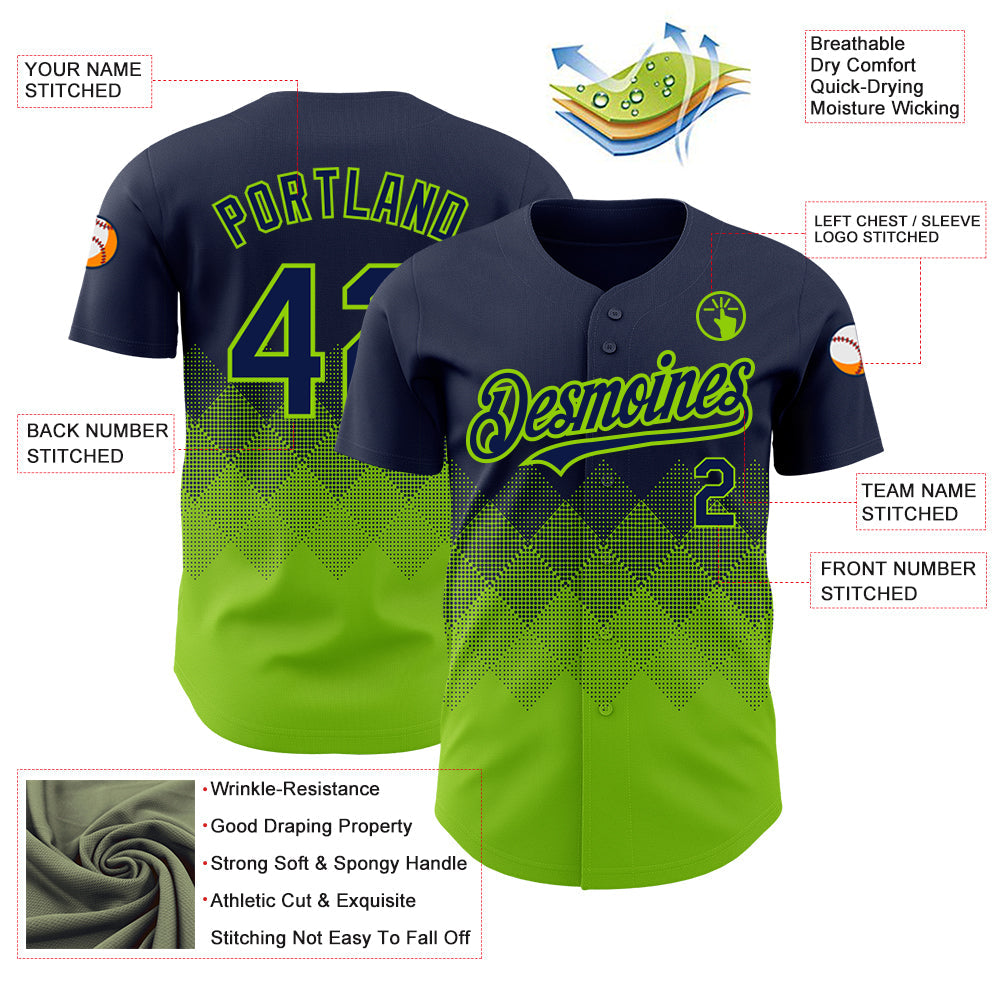 Custom Navy Neon Green 3D Pattern Design Gradient Square Shapes Authentic Baseball Jersey - Sky-Custom