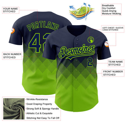 Custom Navy Neon Green 3D Pattern Design Gradient Square Shapes Authentic Baseball Jersey - Sky-Custom