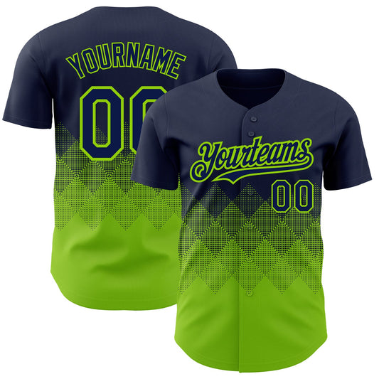 Custom Navy Neon Green 3D Pattern Design Gradient Square Shapes Authentic Baseball Jersey - Sky-Custom
