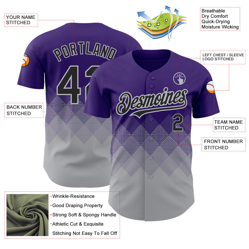 Custom Purple Black-Gray 3D Pattern Design Gradient Square Shapes Authentic Baseball Jersey - Sky-Custom