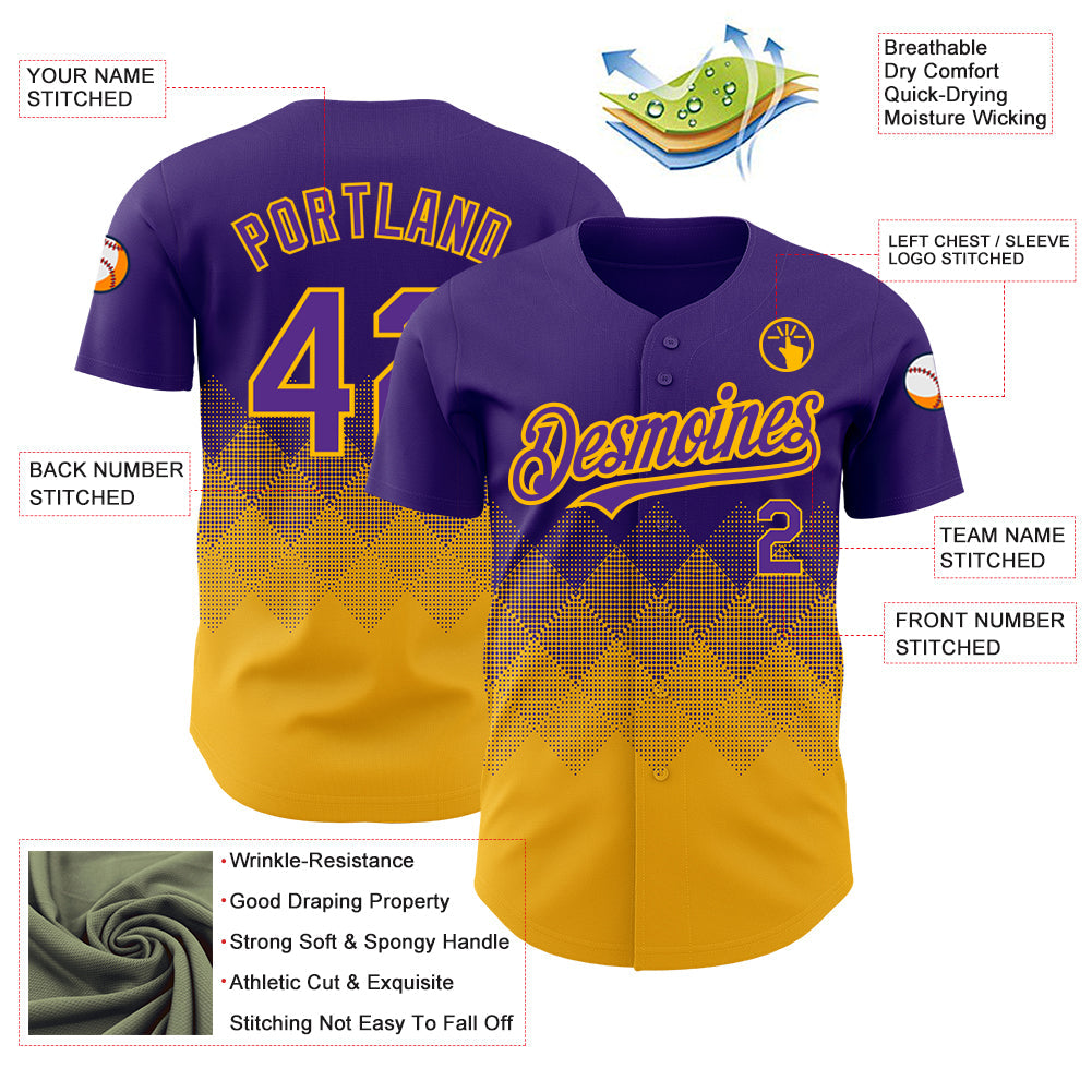 Custom Purple Gold 3D Pattern Design Gradient Square Shapes Authentic Baseball Jersey - Sky-Custom