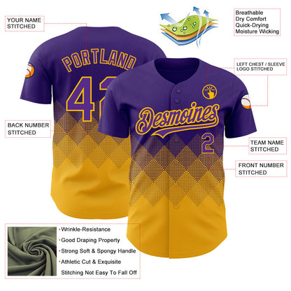 Custom Purple Gold 3D Pattern Design Gradient Square Shapes Authentic Baseball Jersey - Sky-Custom