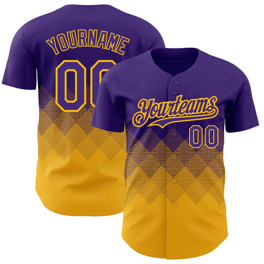 Custom Purple Gold 3D Pattern Design Gradient Square Shapes Authentic Baseball Jersey - Sky-Custom