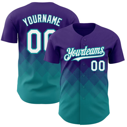 Custom Purple White-Teal 3D Pattern Design Gradient Square Shapes Authentic Baseball Jersey - Sky-Custom