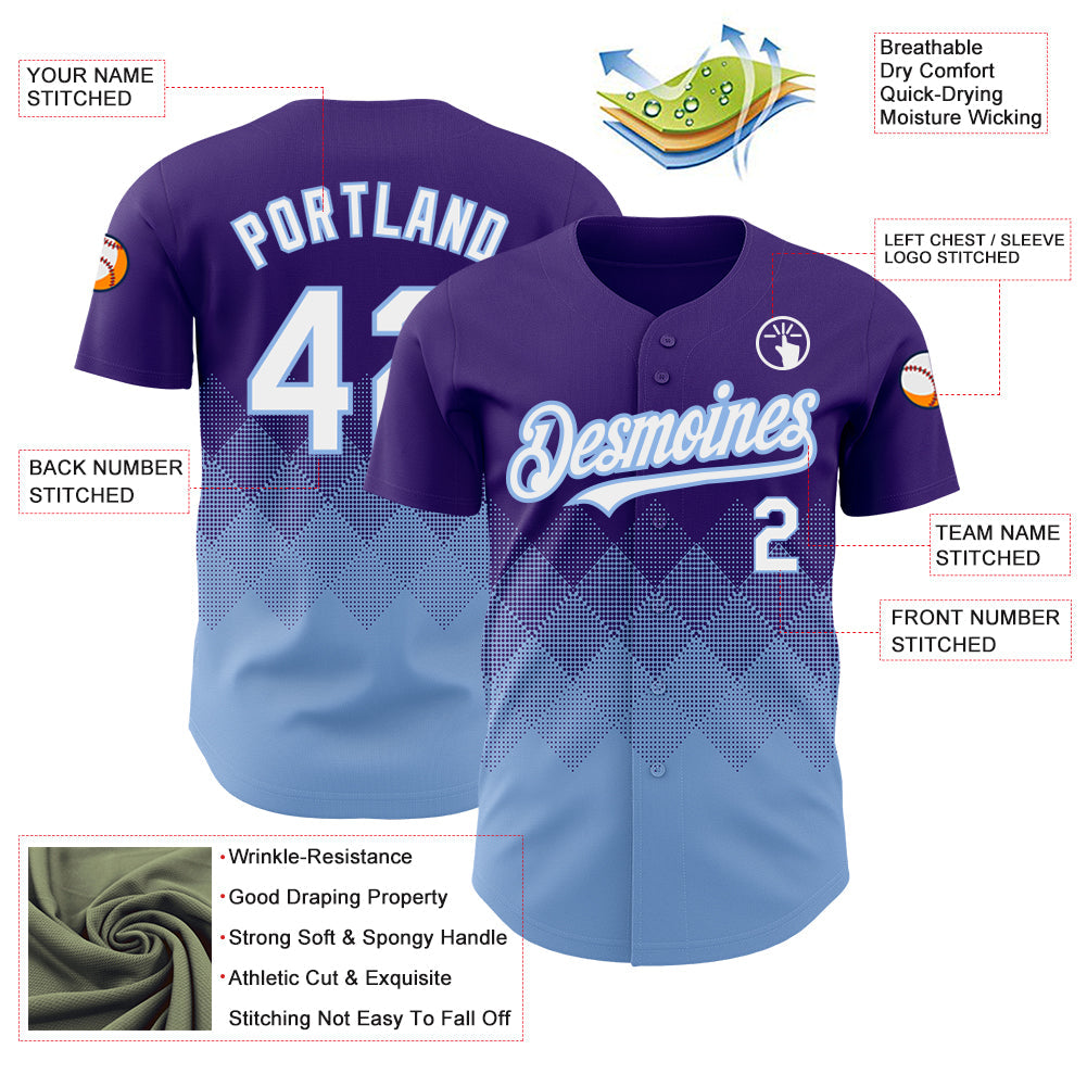 Custom Purple White-Light Blue 3D Pattern Design Gradient Square Shapes Authentic Baseball Jersey - Sky-Custom