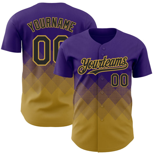 Custom Purple Black-Old Gold 3D Pattern Design Gradient Square Shapes Authentic Baseball Jersey - Sky-Custom