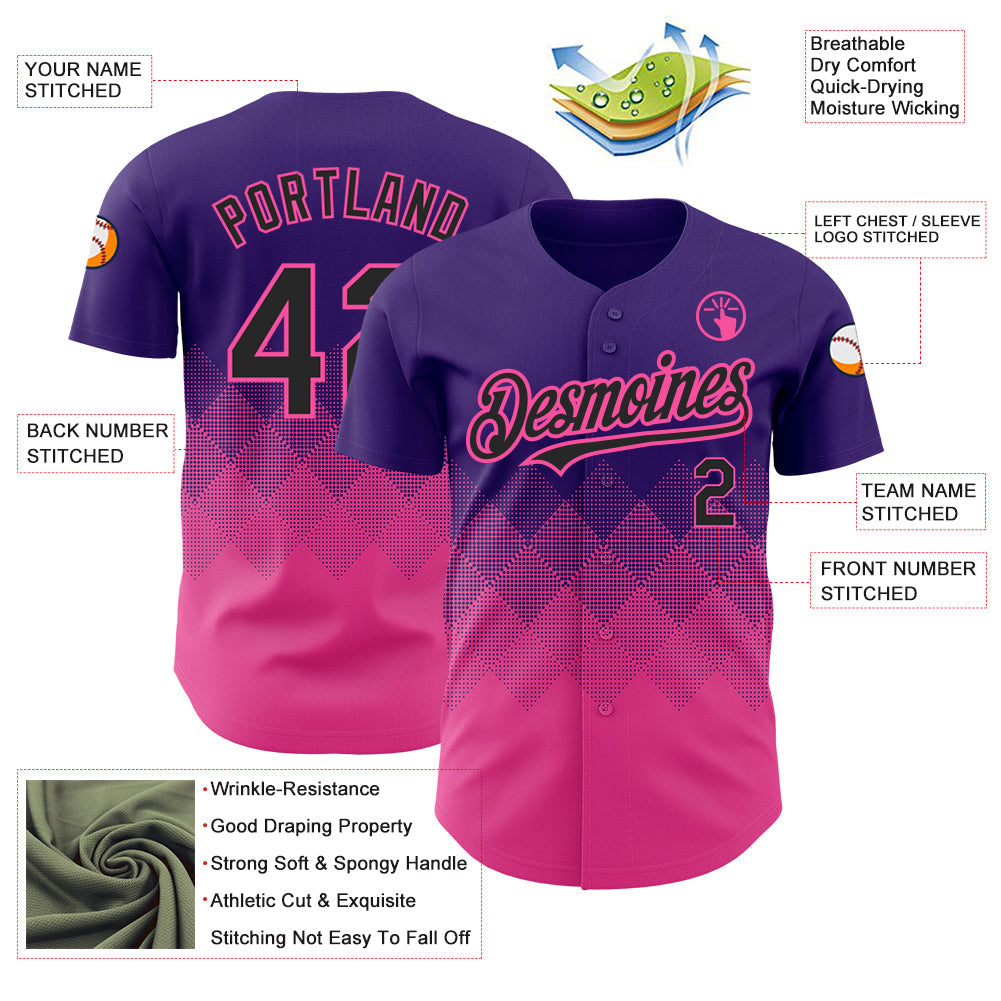 Custom Purple Black-Pink 3D Pattern Design Gradient Square Shapes Authentic Baseball Jersey - Sky-Custom