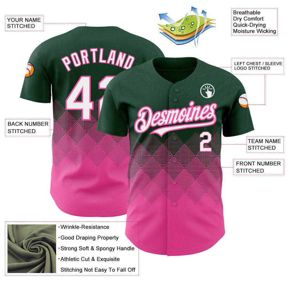 Custom Green White-Pink 3D Pattern Design Gradient Square Shapes Authentic Baseball Jersey - Sky-Custom