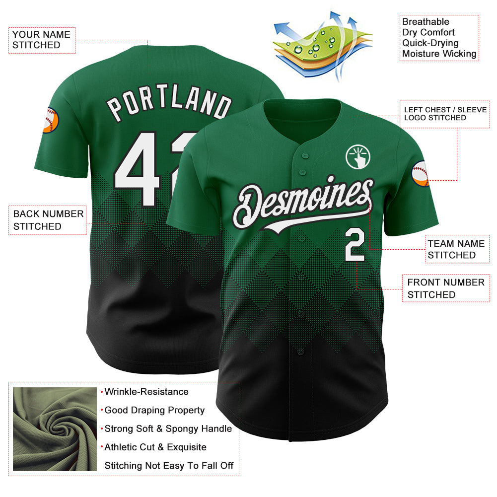 Custom Kelly Green White-Black 3D Pattern Design Gradient Square Shapes Authentic Baseball Jersey - Sky-Custom