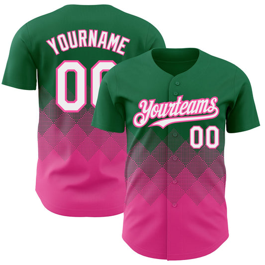 Custom Kelly Green White-Pink 3D Pattern Design Gradient Square Shapes Authentic Baseball Jersey - Sky-Custom