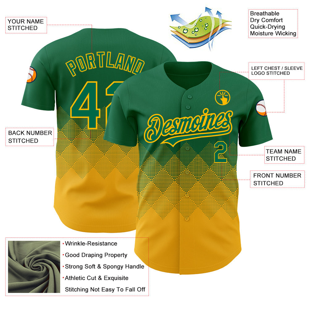 Custom Kelly Green Gold 3D Pattern Design Gradient Square Shapes Authentic Baseball Jersey - Sky-Custom