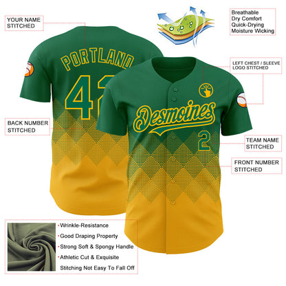 Custom Kelly Green Gold 3D Pattern Design Gradient Square Shapes Authentic Baseball Jersey - Sky-Custom
