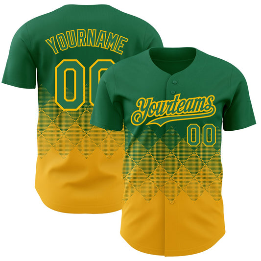 Custom Kelly Green Gold 3D Pattern Design Gradient Square Shapes Authentic Baseball Jersey - Sky-Custom