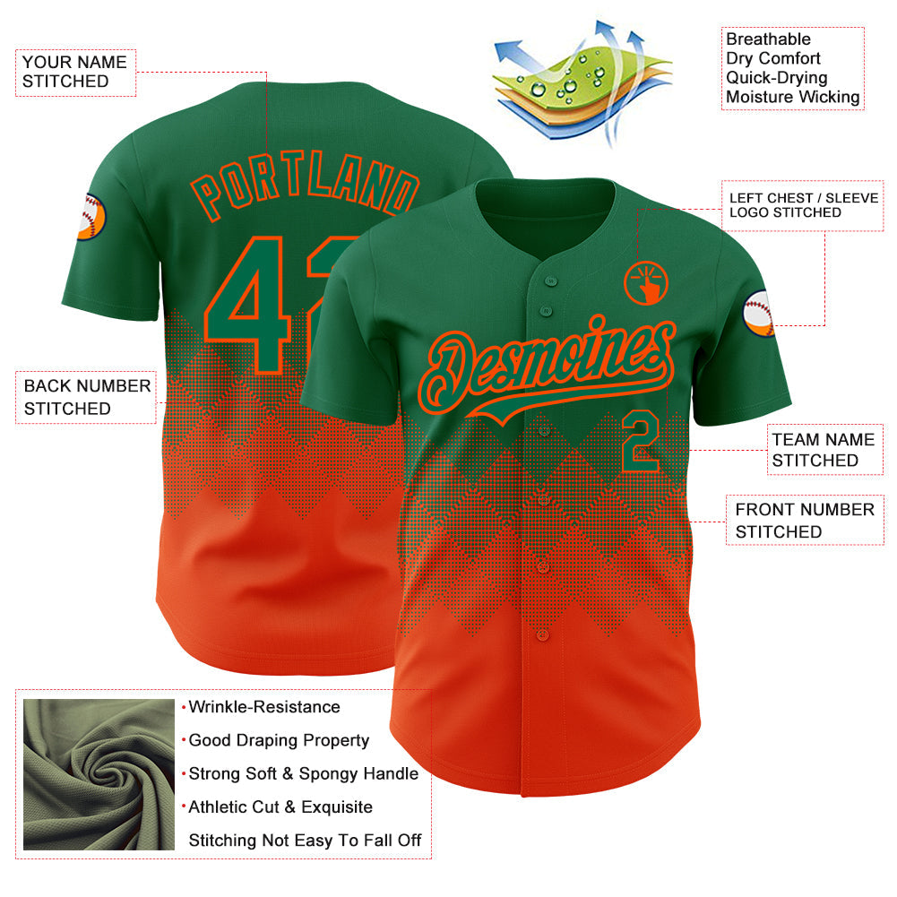 Custom Kelly Green Orange 3D Pattern Design Gradient Square Shapes Authentic Baseball Jersey - Sky-Custom