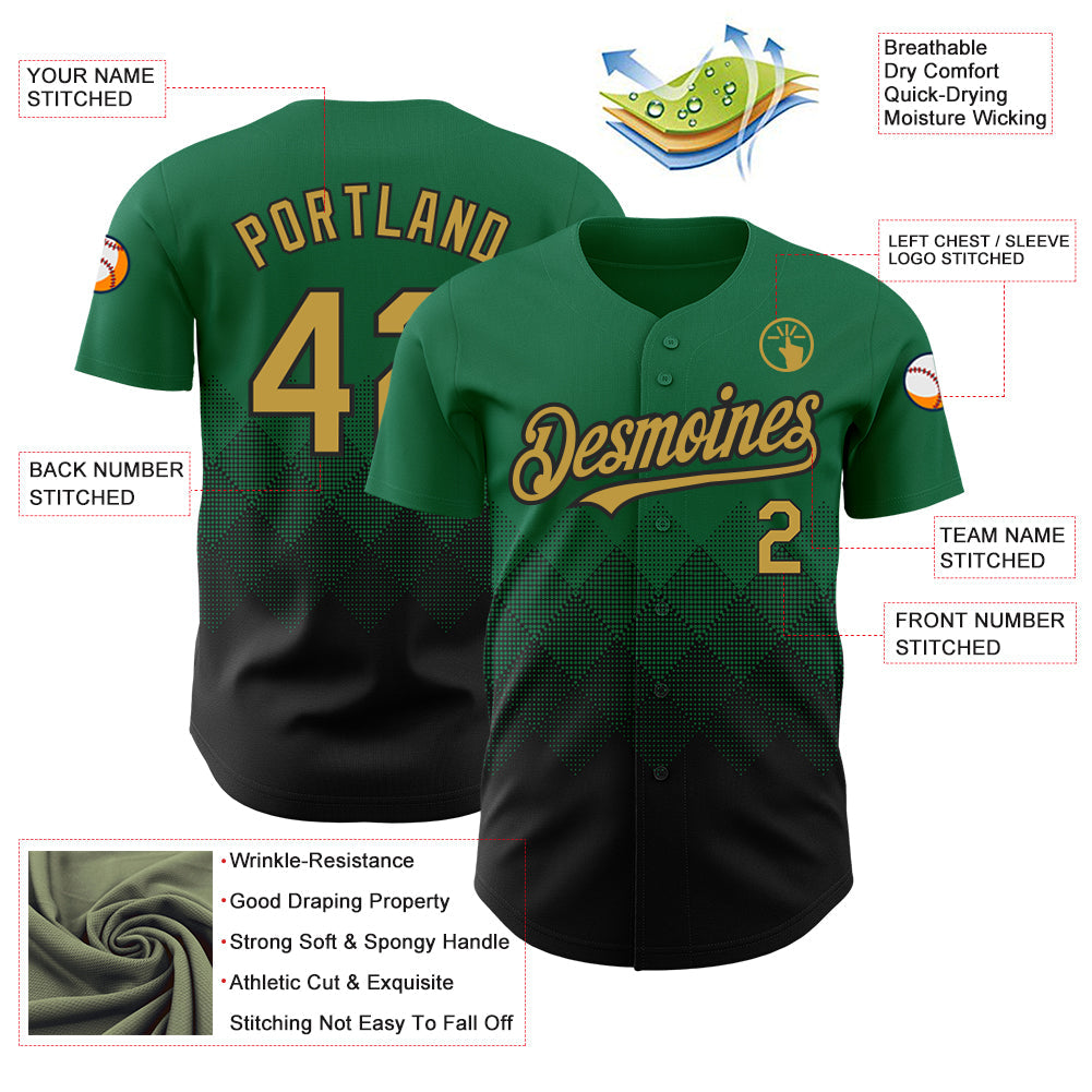 Custom Kelly Green Old Gold-Black 3D Pattern Design Gradient Square Shapes Authentic Baseball Jersey - Sky-Custom