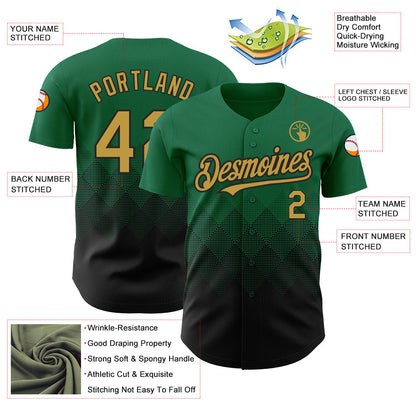 Custom Kelly Green Old Gold-Black 3D Pattern Design Gradient Square Shapes Authentic Baseball Jersey - Sky-Custom