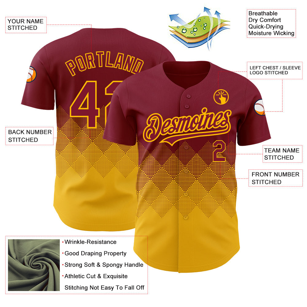 Custom Crimson Gold 3D Pattern Design Gradient Square Shapes Authentic Baseball Jersey - Sky-Custom