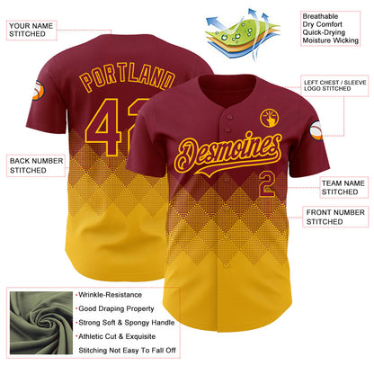Custom Crimson Gold 3D Pattern Design Gradient Square Shapes Authentic Baseball Jersey - Sky-Custom