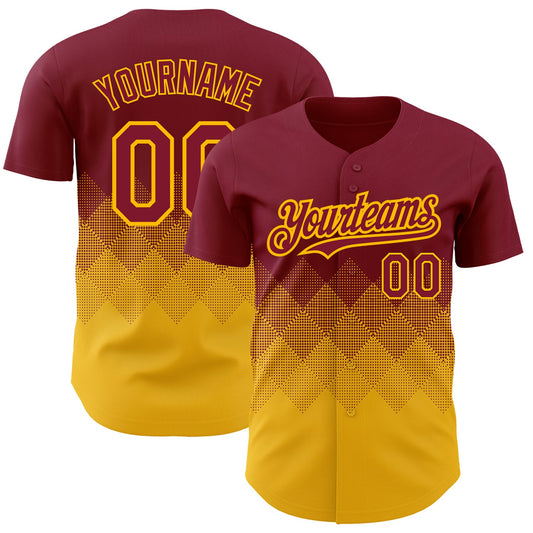 Custom Crimson Gold 3D Pattern Design Gradient Square Shapes Authentic Baseball Jersey - Sky-Custom