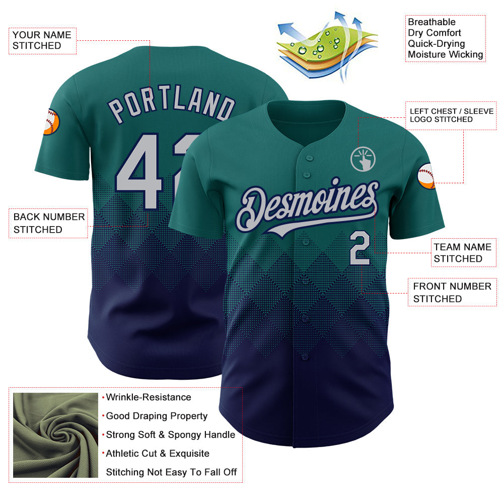 Custom Teal Gray-Navy 3D Pattern Design Gradient Square Shapes Authentic Baseball Jersey - Sky-Custom