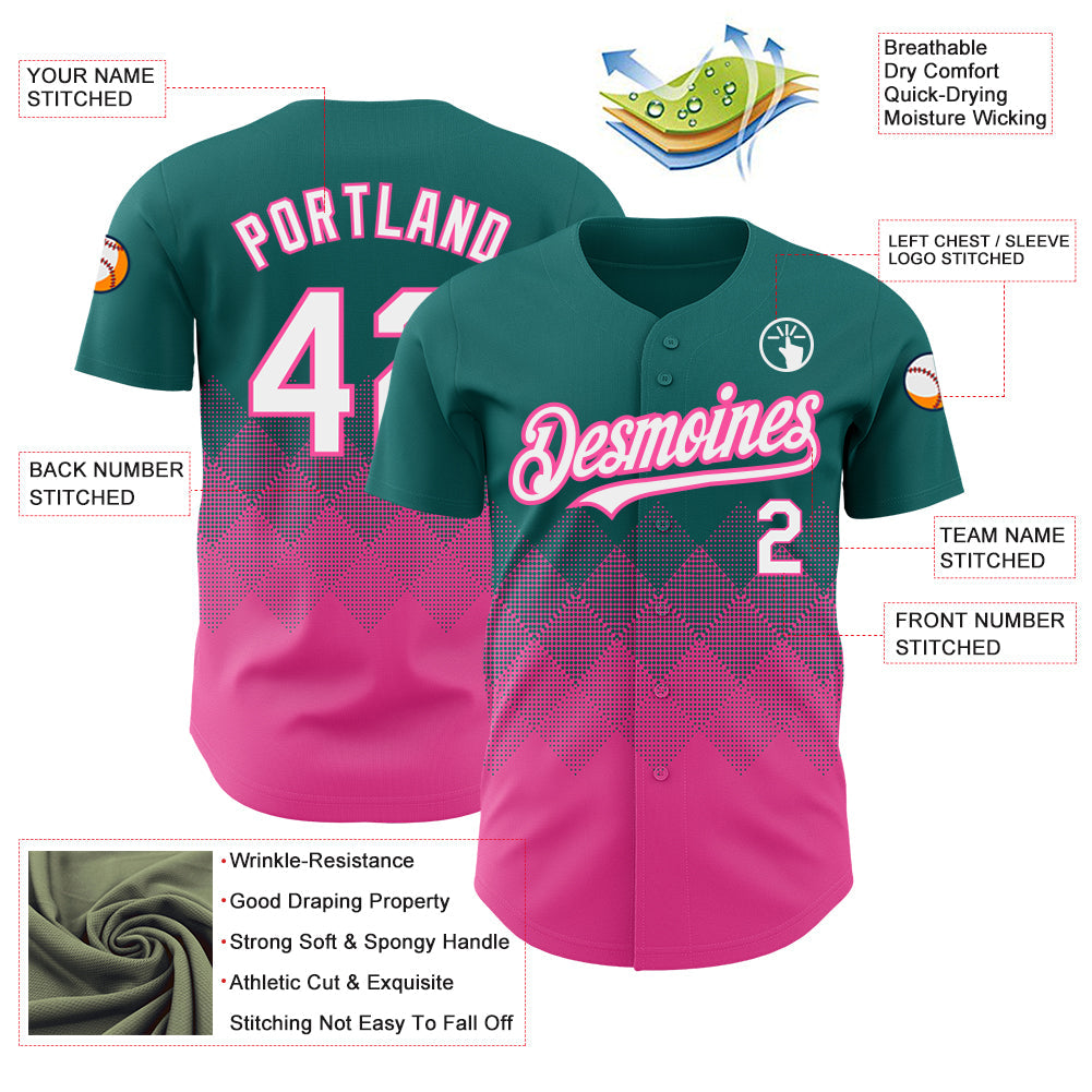 Custom Teal White-Pink 3D Pattern Design Gradient Square Shapes Authentic Baseball Jersey - Sky-Custom
