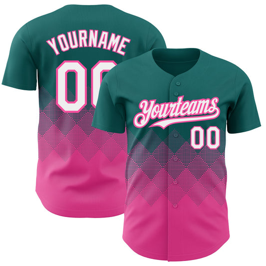 Custom Teal White-Pink 3D Pattern Design Gradient Square Shapes Authentic Baseball Jersey - Sky-Custom
