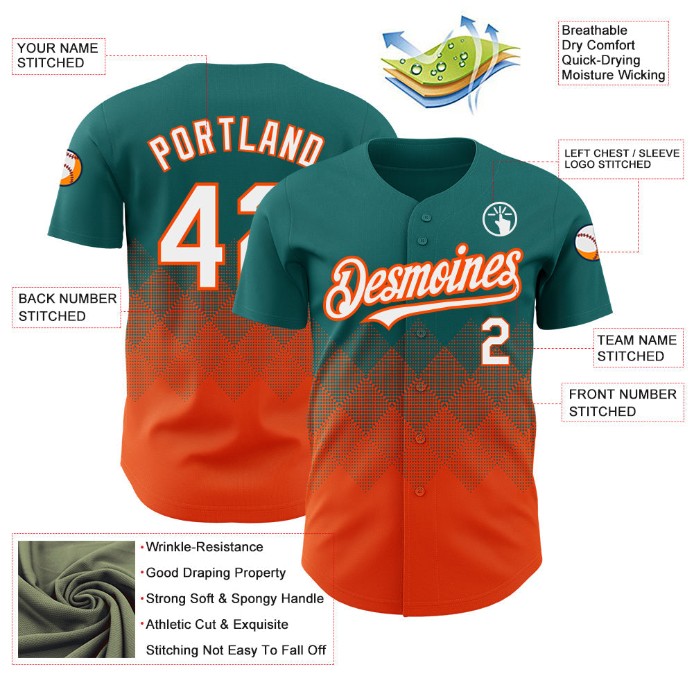 Custom Teal White-Orange 3D Pattern Design Gradient Square Shapes Authentic Baseball Jersey - Sky-Custom