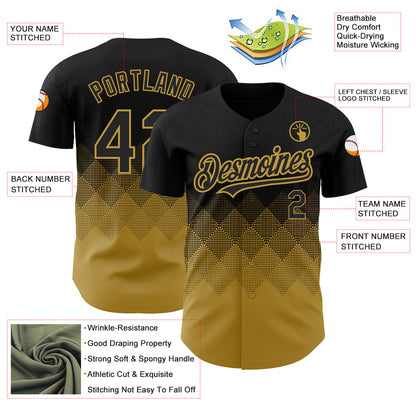 Custom Black Old Gold 3D Pattern Design Gradient Square Shapes Authentic Baseball Jersey - Sky-Custom