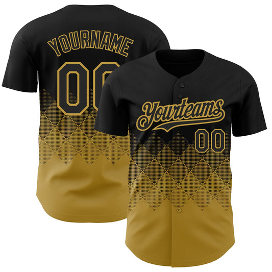 Custom Black Old Gold 3D Pattern Design Gradient Square Shapes Authentic Baseball Jersey - Sky-Custom