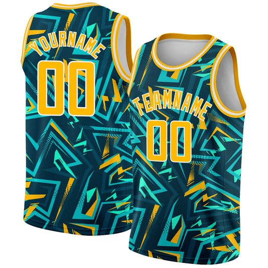 Custom Green Gold-White 3D Pattern Design Abstract Grunge Art Authentic Basketball Jersey - Sky-Custom