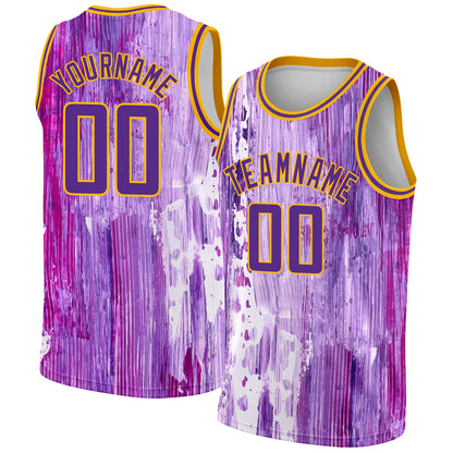 Custom Purple Gold 3D Pattern Design Abstract Liquid Watercolor Style Authentic Basketball Jersey - Sky-Custom