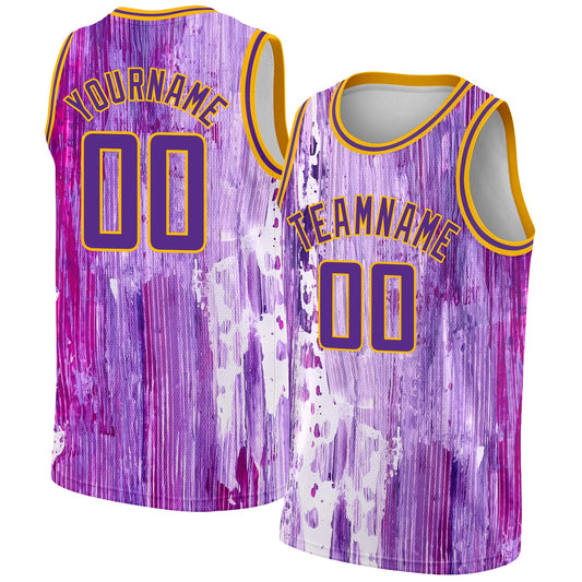Custom Purple Gold 3D Pattern Design Abstract Liquid Watercolor Style Authentic Basketball Jersey - Sky-Custom
