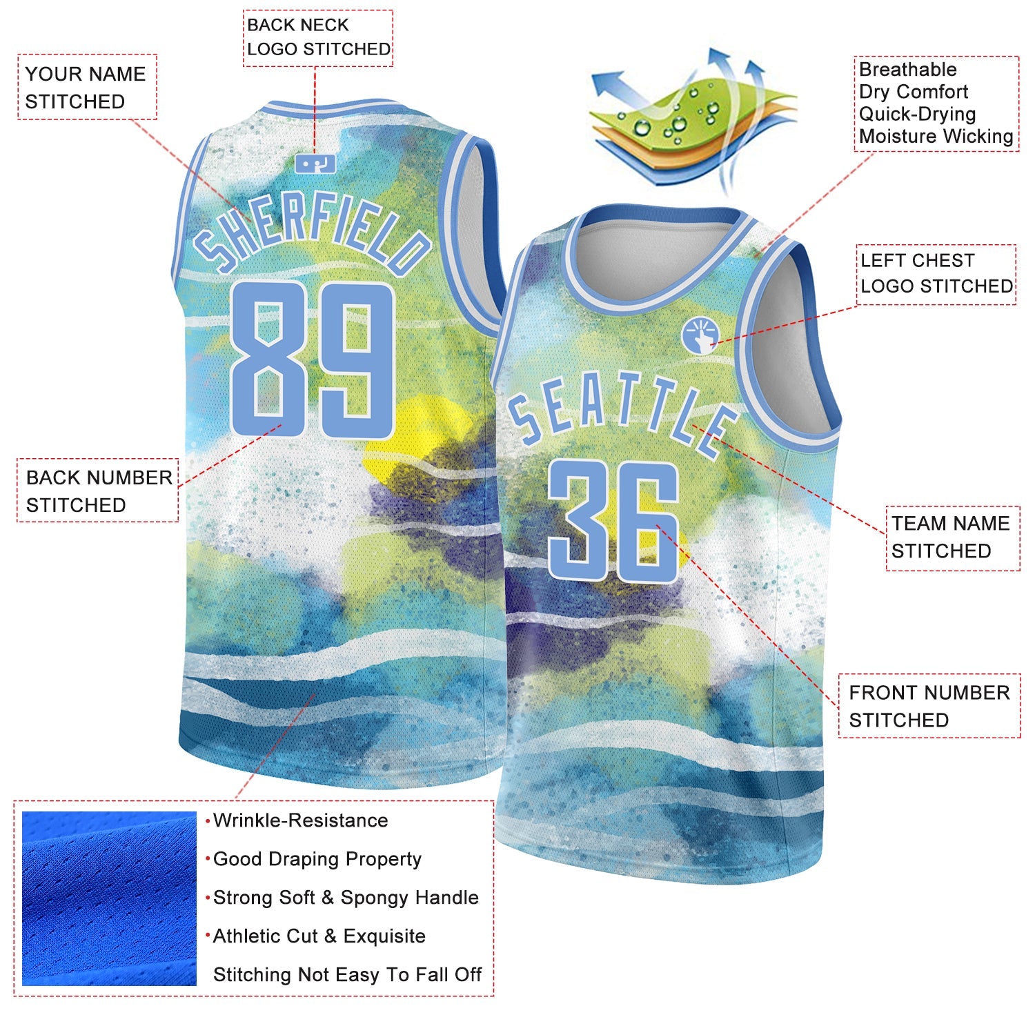 Custom White Light Blue 3D Pattern Design Abstract Landscape Watercolor Style Authentic Basketball Jersey - Sky-Custom