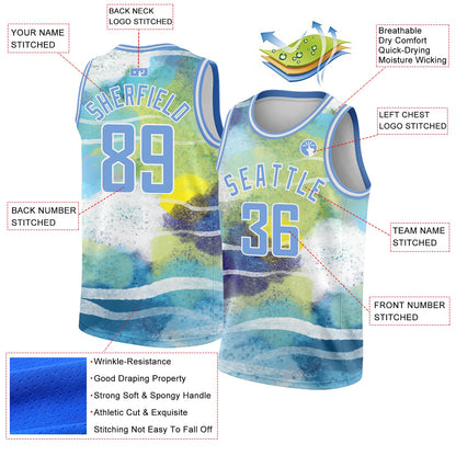 Custom White Light Blue 3D Pattern Design Abstract Landscape Watercolor Style Authentic Basketball Jersey - Sky-Custom