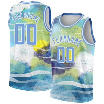 Custom White Light Blue 3D Pattern Design Abstract Landscape Watercolor Style Authentic Basketball Jersey - Sky-Custom