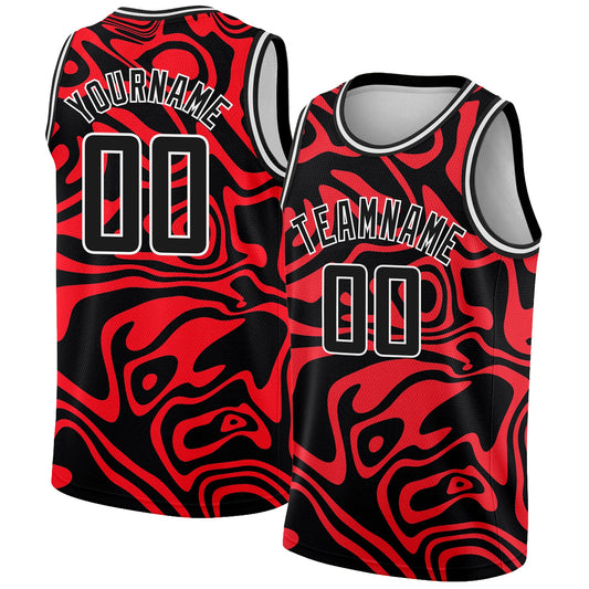 Custom Red Black-White 3D Pattern Design Abstract Psychedelic Liquid Wave Authentic Basketball Jersey - Sky-Custom