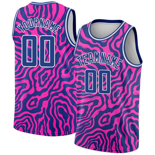 Custom Deep Pink Royal-White 3D Pattern Design Abstract Psychedelic Liquid Wave Authentic Basketball Jersey - Sky-Custom