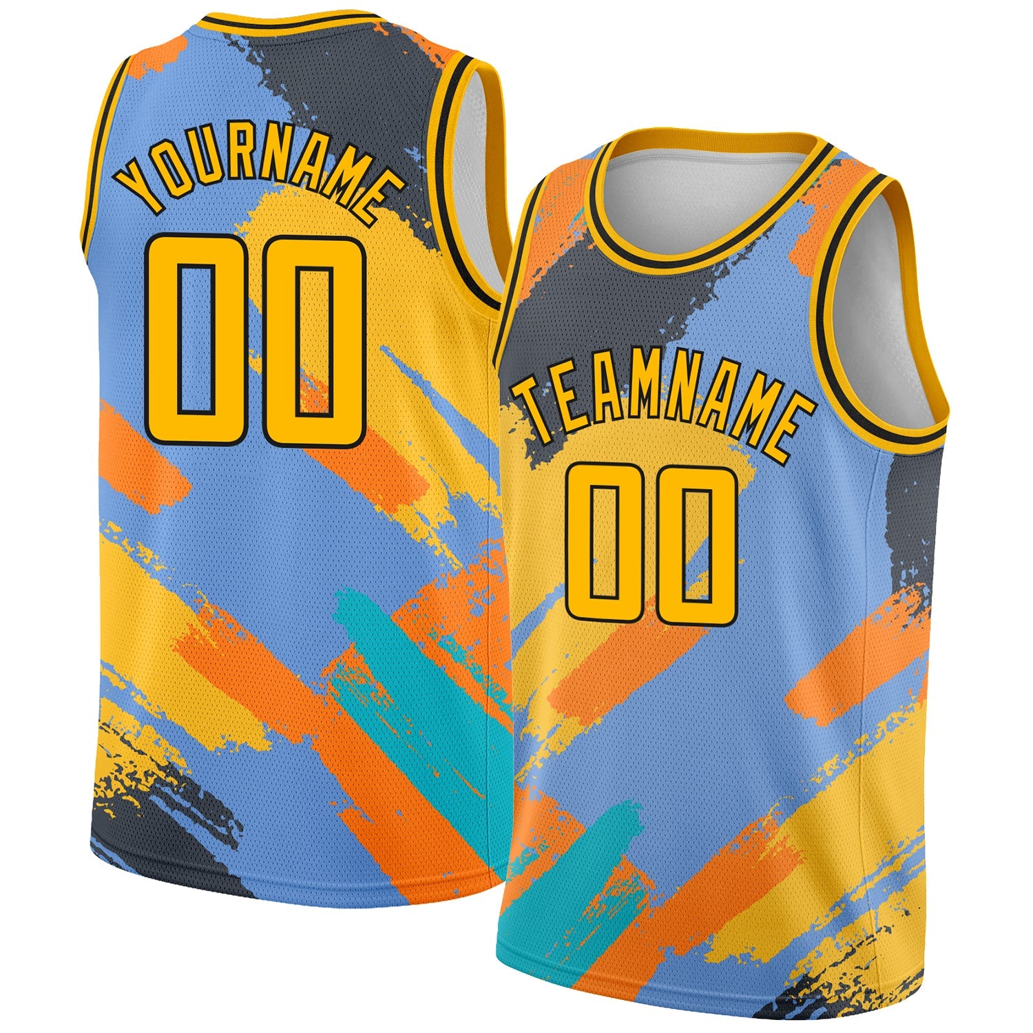 Custom Light Blue Gold-Black 3D Pattern Design Abstract Brush Stroke Shapes Authentic Basketball Jersey - Sky-Custom