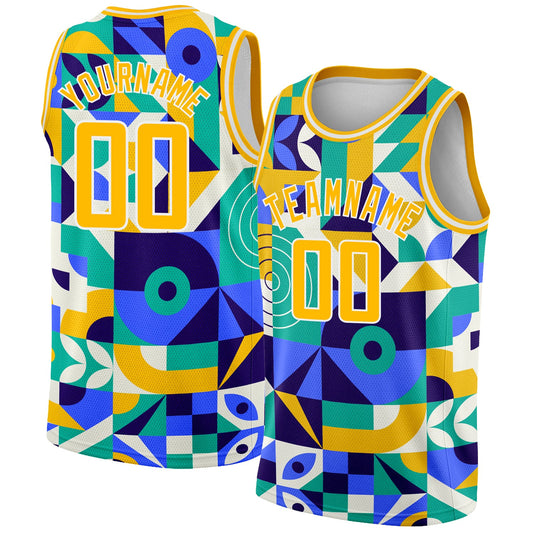 Custom Royal Gold-White 3D Pattern Design Abstract Geometric Shapes Authentic Basketball Jersey - Sky-Custom
