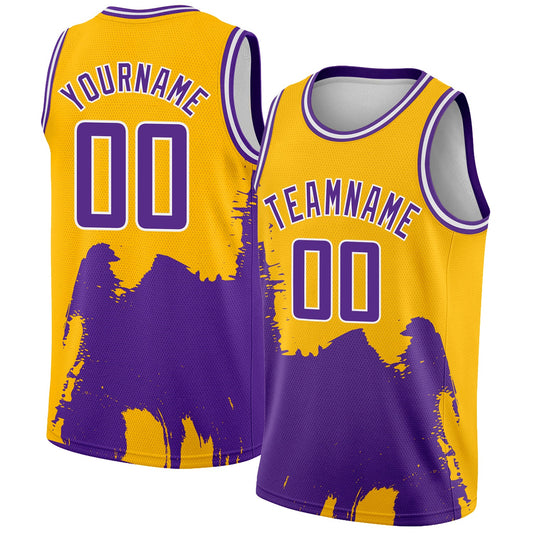 Custom Gold Purple-White 3D Pattern Design Abstract Grunge Halftone Art Authentic Basketball Jersey - Sky-Custom
