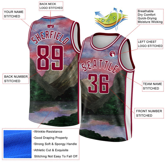 Custom White Maroon 3D Pattern Design Natural Landscape Watercolor Style Authentic Basketball Jersey - Sky-Custom