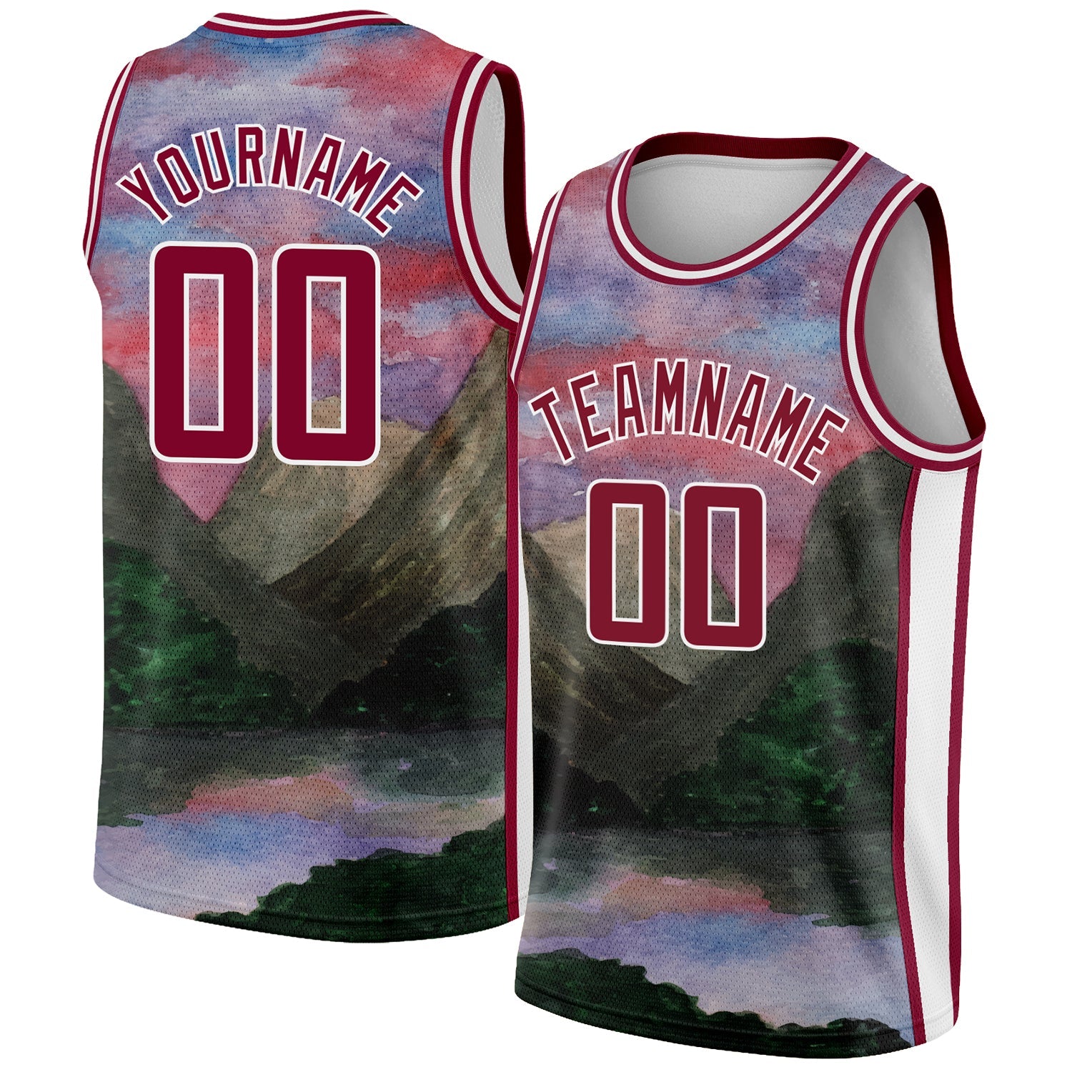 Custom White Maroon 3D Pattern Design Natural Landscape Watercolor Style Authentic Basketball Jersey - Sky-Custom